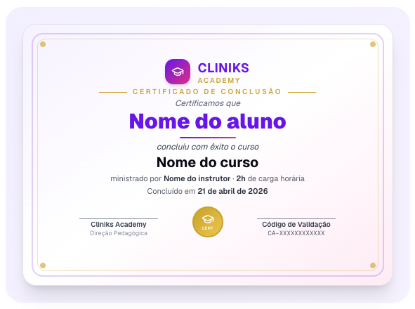 Certificado de conclusão Cliniks Academy — exemplo visual com campos de nome, curso e código de validação